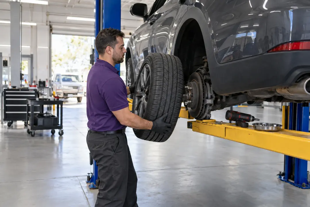 A technician lifting a wheel off a raised car