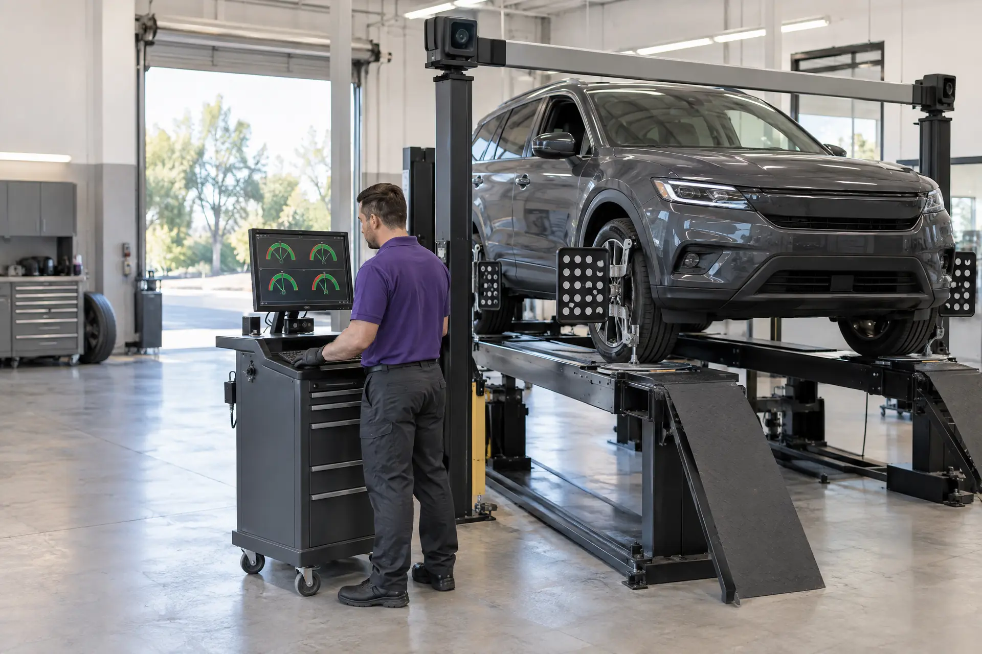 A technician at an alignment console beside an SUV on the alignment rack